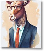 Goat In Suit Watercolor Hipster Animal Retro Costume Metal Print