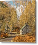 Golden Beauty Autumn Delightful Pleasing Picture With Yellow Birch Branches Draping Stone Cottage Metal Print