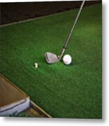 Golf Club And Ball On Green Turf, Close Up Metal Print