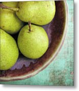Green Pears In Bowl Metal Print