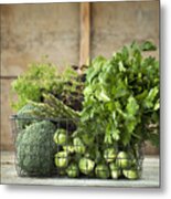 Green Vegetables And Herbs In Wire Basket Metal Print