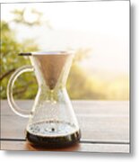 Hand Drip Coffee Making Pour Over Coffee With Hot Water Being Poured From A Kettle With Mountain View And Natural Green View Feeling Chill And Relax In Nature Metal Print