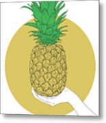Hand Holding Pineapple - Line Art Graphic Illustration Artwork Metal Print