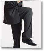 Handsome Young Caucasian Man In Grey Business Suit Celebratory Gesture One Knee In Air And Thumbs Up Metal Print