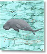 Happy Dugong Swimming In Coral Reef Waters Metal Print