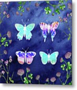 Happy Free Flight Of Four Beautiful Light Butterflies Watercolor Metal Print