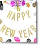 Happy New Year's Eve Banner With Champagne And Pink And Gold Party Decorations. Metal Print