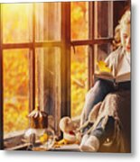 Happy Young Woman Reading Book By Window In Fall Metal Print