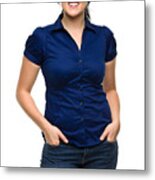 Happy Young Woman With Hands In Pockets Metal Print
