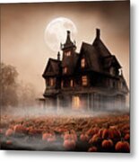 Haunted House On Pumpkin Field At Night. Halloween Design. Full Metal Print