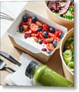 Healthy Meal Slimming Diet Plan Daily Ready Menu Background, Organic Fresh Dishes And Smoothie, Fork Knife On Paper Eco Bag As Food Delivery Courier Service At Home In Office Concept, Close Up View. Metal Print
