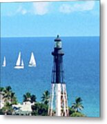 Hillsboro Lighthouse With Sailboats In Florida Metal Print