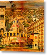 Historical Buildings Of Bakersfield, California, Blended On Old Paper Metal Print