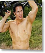 Hot Handsome Bicycler Lifts His Bike Above His Head. Metal Print