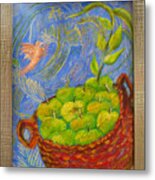 Hummingbird And A Basket With Apples Metal Print