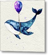 Humpback Whale With Purple Balloon Watercolor Painting Metal Print