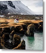 Iceland Landscape In Winter At Arnarstapi Village. Metal Print