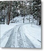 Icy Slippery Dangerous Road In Winter In The Forest. Snowy Mountains Snowstorm. Metal Print