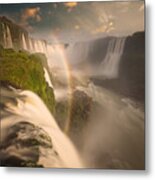 Iguazu Falls Waterfalls At Sunset. Metal Print