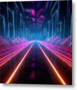 Illustration Lines Led Neon Room Stage Background Light Futuristic Abstract Background Studio Tunnel Frame Game Electronic Cyber Floor Technology Wall Purple Line Perspective Spotlight Electric Metal Print