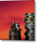 Income Tax Campaign Spain. Old Couple Sitting On Coin Stack.. Declaracion De La Renta. Macro Metal Print