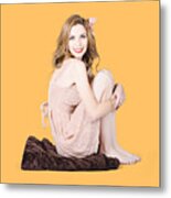 Isolated Pinup Girl Sitting On Soft Blanket Metal Print