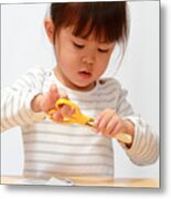 Japanese Girl Cutting Paper With Scissors (3 Years Old) Metal Print