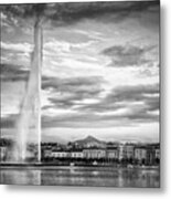 Jet Deau Sunset Geneva Switzerland Black And White Metal Print