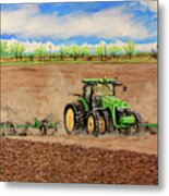 John Deere 8345r Tractor Pulling A Cultivator Metal Print