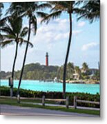 Jupiter Lighthouse Coconut Tree Blue Water Paradise Metal Print