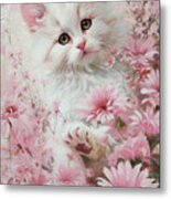 Kitten In The Pink Daises Metal Print