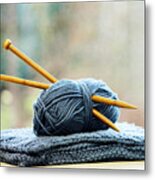 Knitting Needles In Ball Of Yarn Metal Print