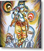 Krishna - Flute - Cow Metal Print