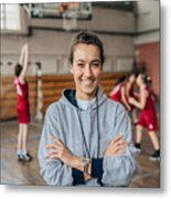 Lady Basketball Coach On Court Metal Print