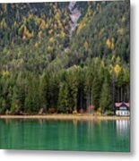 House In The Lake And Forest. Lago Di Dobbiaco Lake. Italian Aps Metal Print