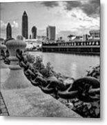 Lake Erie Waterfront View Of The Cleveland Skyline - Black And White Metal Print