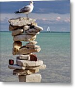 King Of The Cairn - Seagull Atop Cairn With Sailboat At Lake Michigan Shoreline At Milwaukee Metal Print