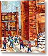 Laneway Street Hockey Game Kids Winter Fun Snow Falling Montreal Art Scene C Spandau Canadian Artist Metal Print