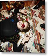 Laughing Woman Lying On Floor With Bows Over Eyes During Holiday Party With Friends Metal Print