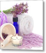 Lavender Aromatherapy Treatment Kit And Candle In A Spa Metal Print