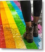 Legs Walking On Gay Rainbow Crosswalk. Metal Print