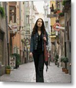 Lifestyle Portrait Of A Young Adult Woman As She Goes Sightseeing While Visiting Europe Metal Print