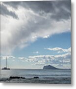Soft Clouds Float Over The Mediterranean Sea, Seascape With Sailing Boat Metal Print