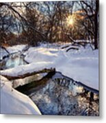 Like A Bridge Over Troubled Waters - Fresh Wi Snowscape With Trout Creek And Log Bridge Metal Print