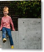 Little Boy Sitting Outside Metal Print