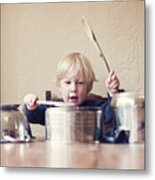 Little Boy Using Saucepans As Drums Metal Print