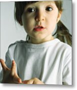 Little Girl Counting With Her Fingers, Looking At Camera, Portrait Metal Print