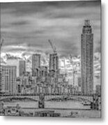 London Skyline Along The River Thames, Black And White Metal Print