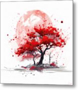 Lone Red Autumn Tree With Splashes Of Vibrant Red Against A White Background And Red Moon Metal Print