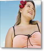 Low Angle View Of An Overweight Young Woman Standing On The Beach Metal Print